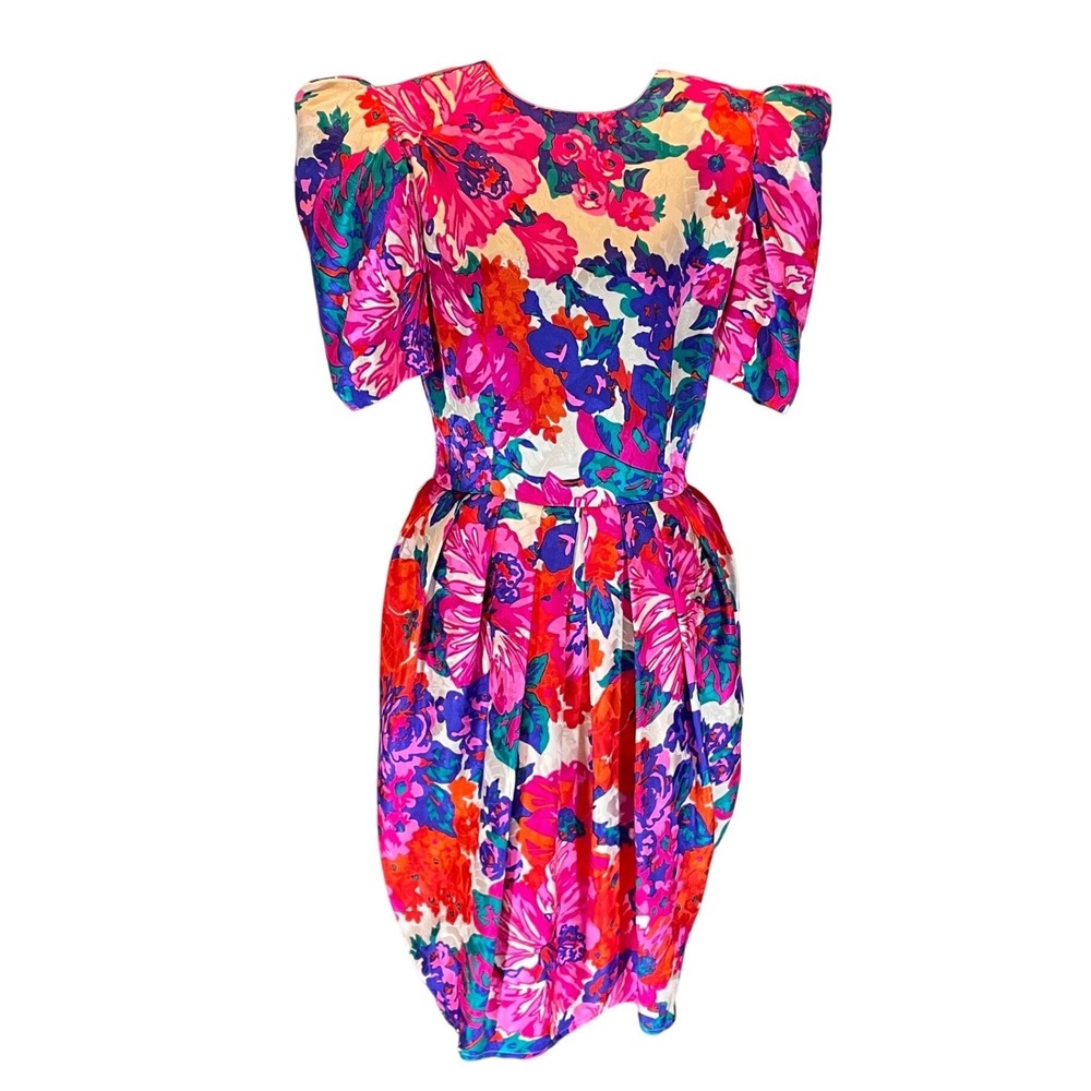 Flora Kung New York Vintage 80s Silk Floral Jacquard Puff Sleeve Dress Pink 8‎